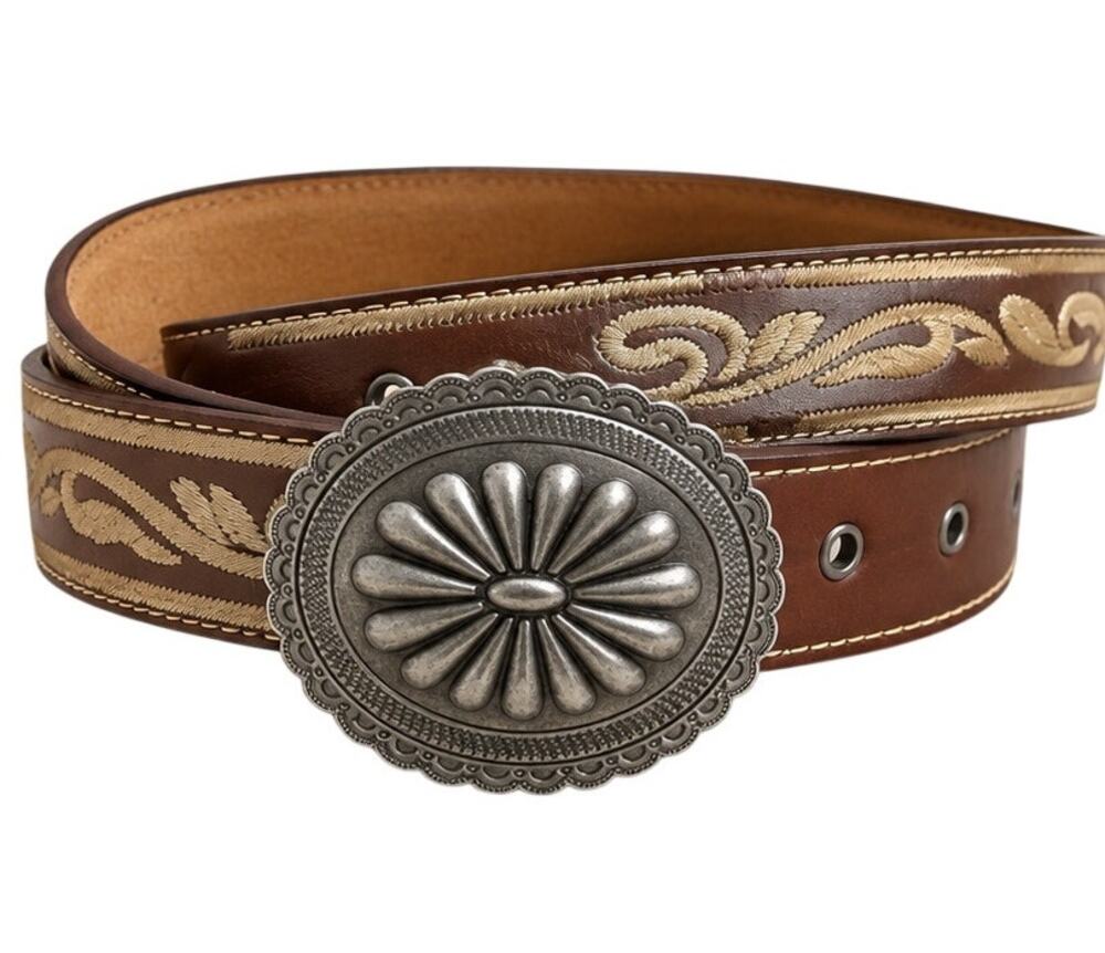 Eddie Bauer Brown Genuine Leather Embroidered Western Concho Belt Size L